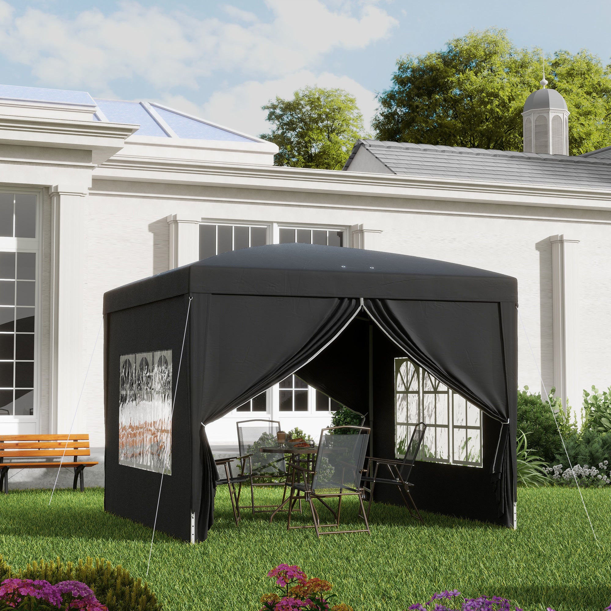Outsunny 3 x 3 m Garden Pop Up Gazebo, Wedding Party Tent Marquee, Water Resistant Awning Canopy with Sidewalls, Windows, Carry Bag, Black