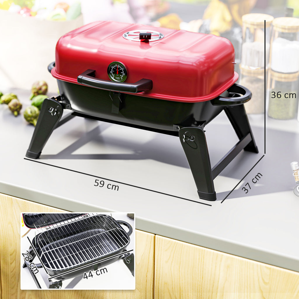 Outsunny Charcoal Barbecue Grill Folding Portable BBQ Grill for Camping with 1232 cm² Cooking Area, Adjustable Vent, Thermometer, Handles for Picnic, 59 x 37 x 36 cm, Red