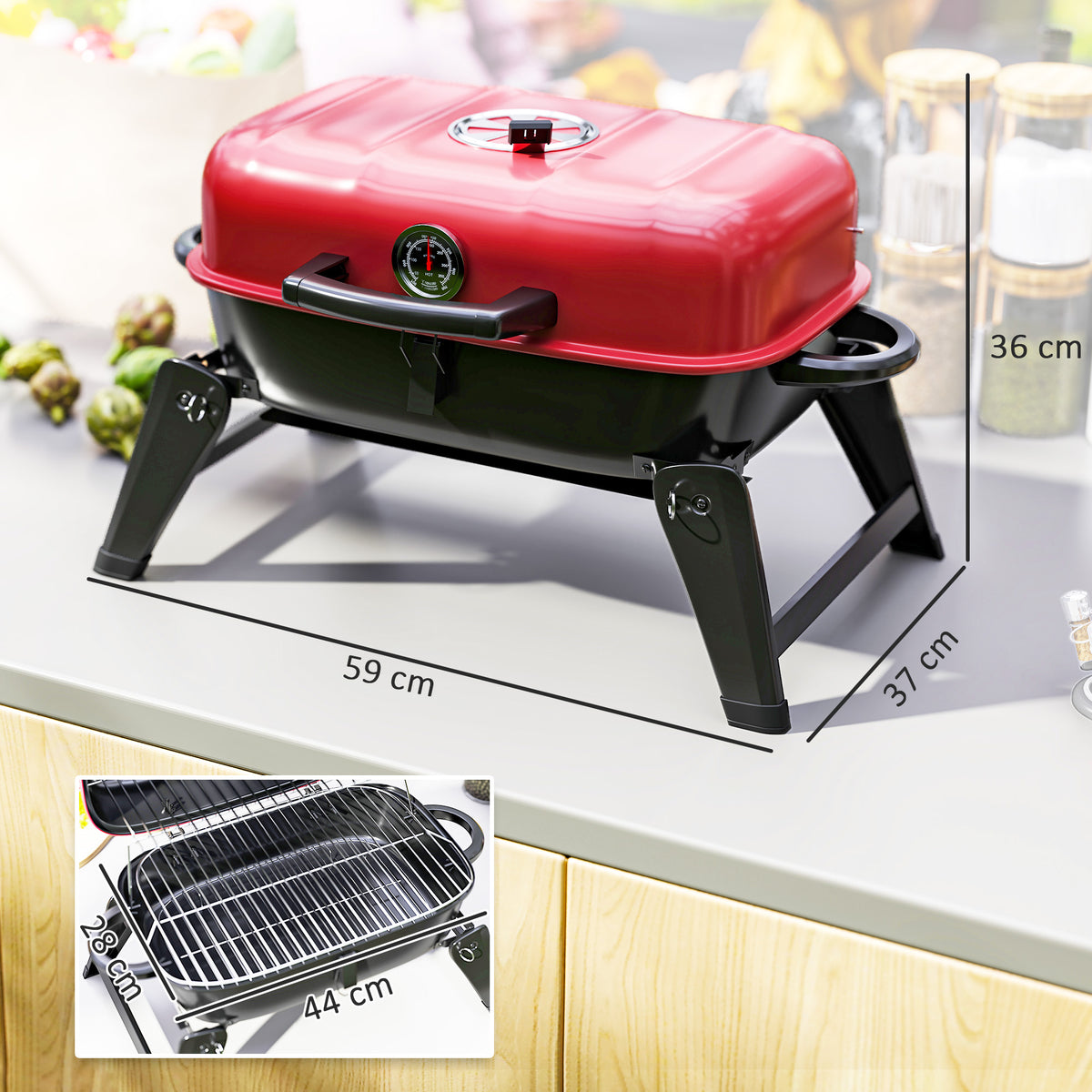 Outsunny Charcoal Barbecue Grill Folding Portable BBQ Grill for Camping with 1232 cm² Cooking Area, Adjustable Vent, Thermometer, Handles for Picnic, 59 x 37 x 36 cm, Red