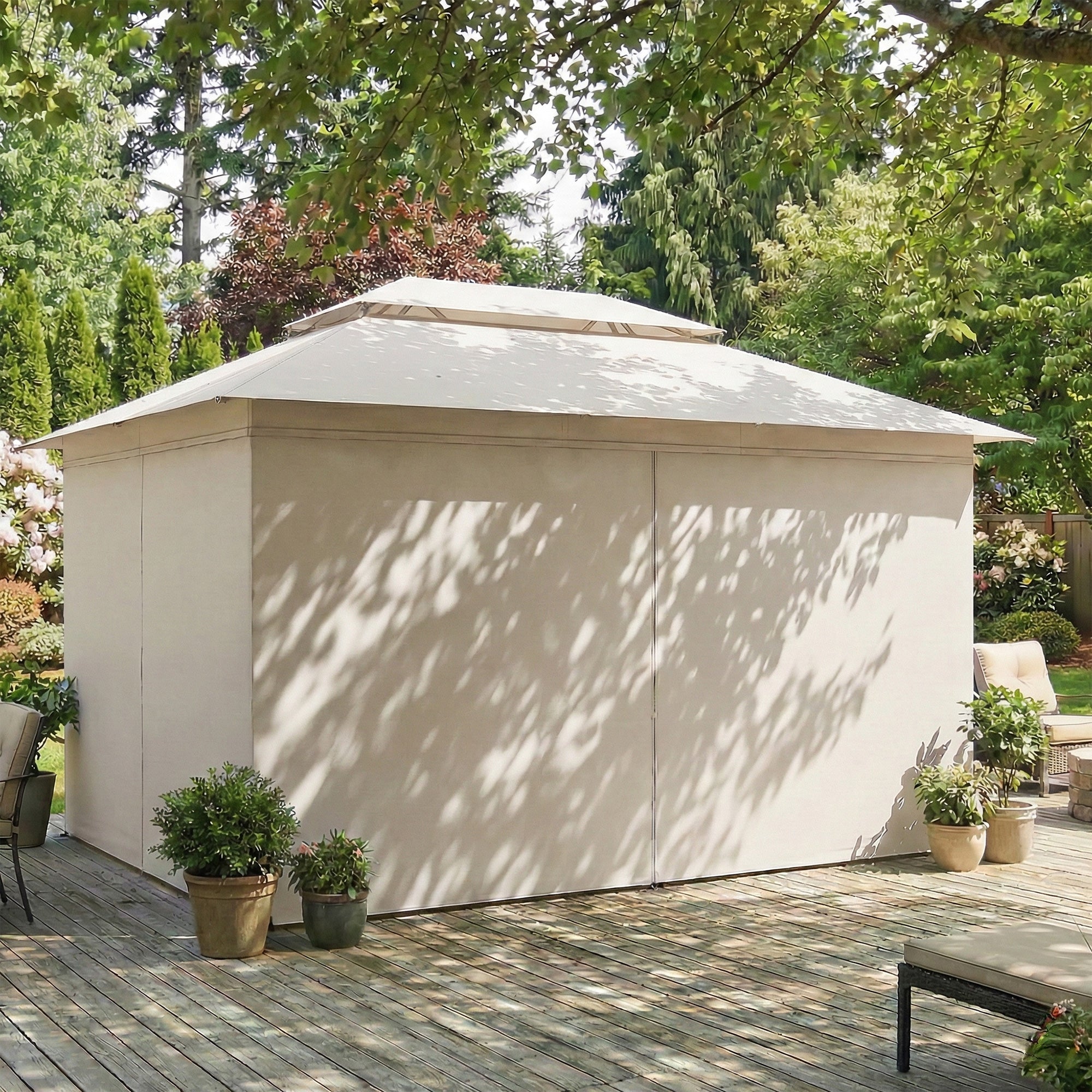 Outsunny 3 x 4 m Outdoor Garden Gazebo with Netting and Curtains, UPF50+ Patio Gazebo Permanent Pavilion Canopy, Beige