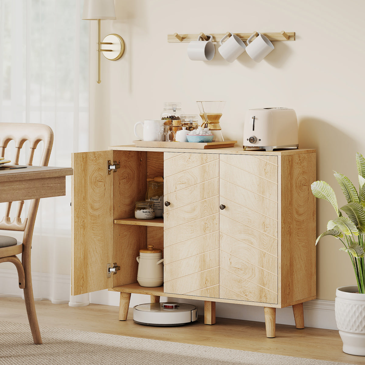 Vintage Sideboard with Chevron Doors and Pine Wood Legs for Living Room, Kitchen