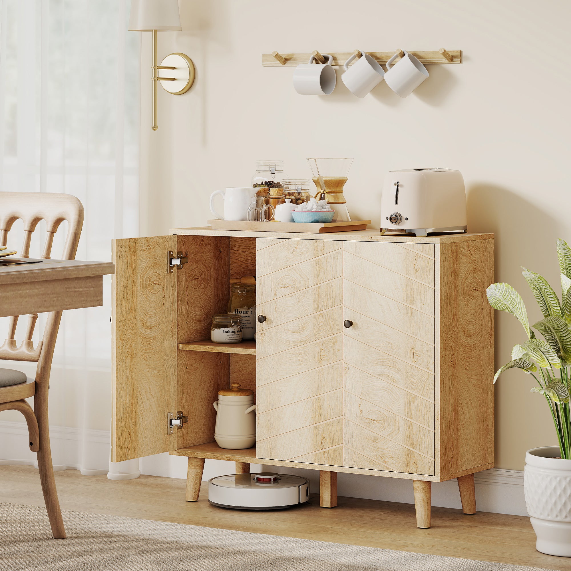 HOMCOM Vintage Sideboard with Chevron Doors and Pine Wood Legs for Living Room, Kitchen