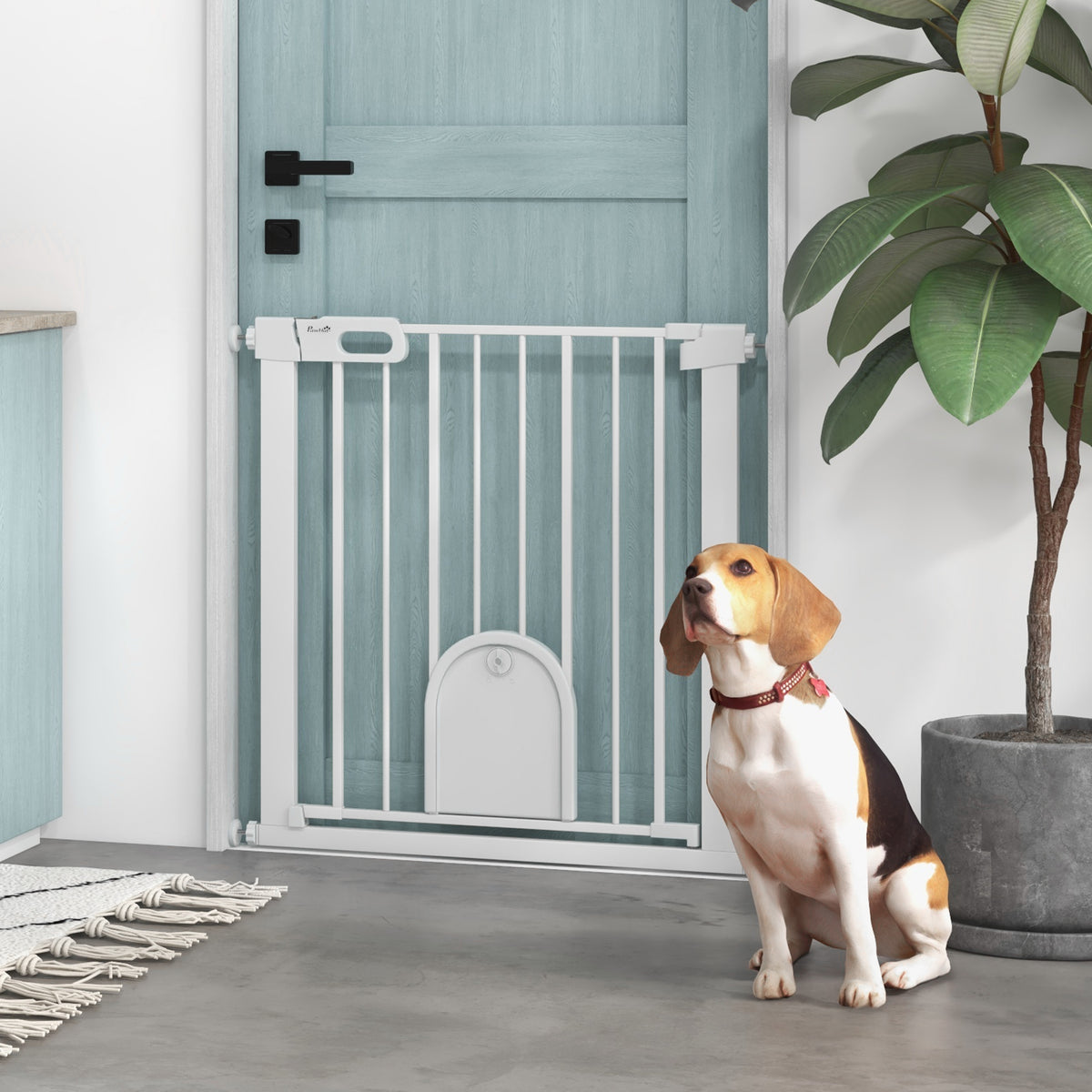 PawHut 75-82cm Pet Safety Gate, Pressure Fit Stair, with Cat Flap, Double Locking, White