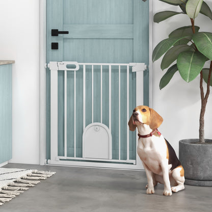 PawHut 75-82cm Pet Safety Gate, Pressure Fit Stair, with Cat Flap, Double Locking, White