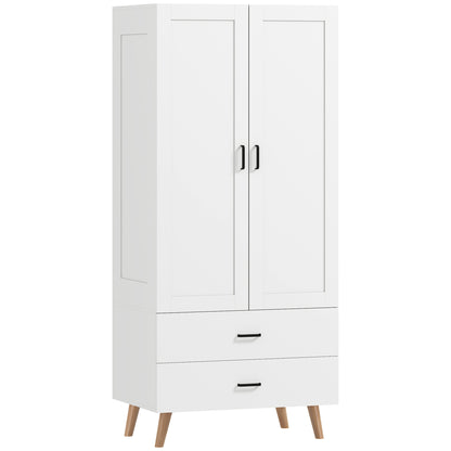 2-Door Wardrobe, Modern Wardrobe with 2 Drawers and Hanging Rail for Bedroom, White