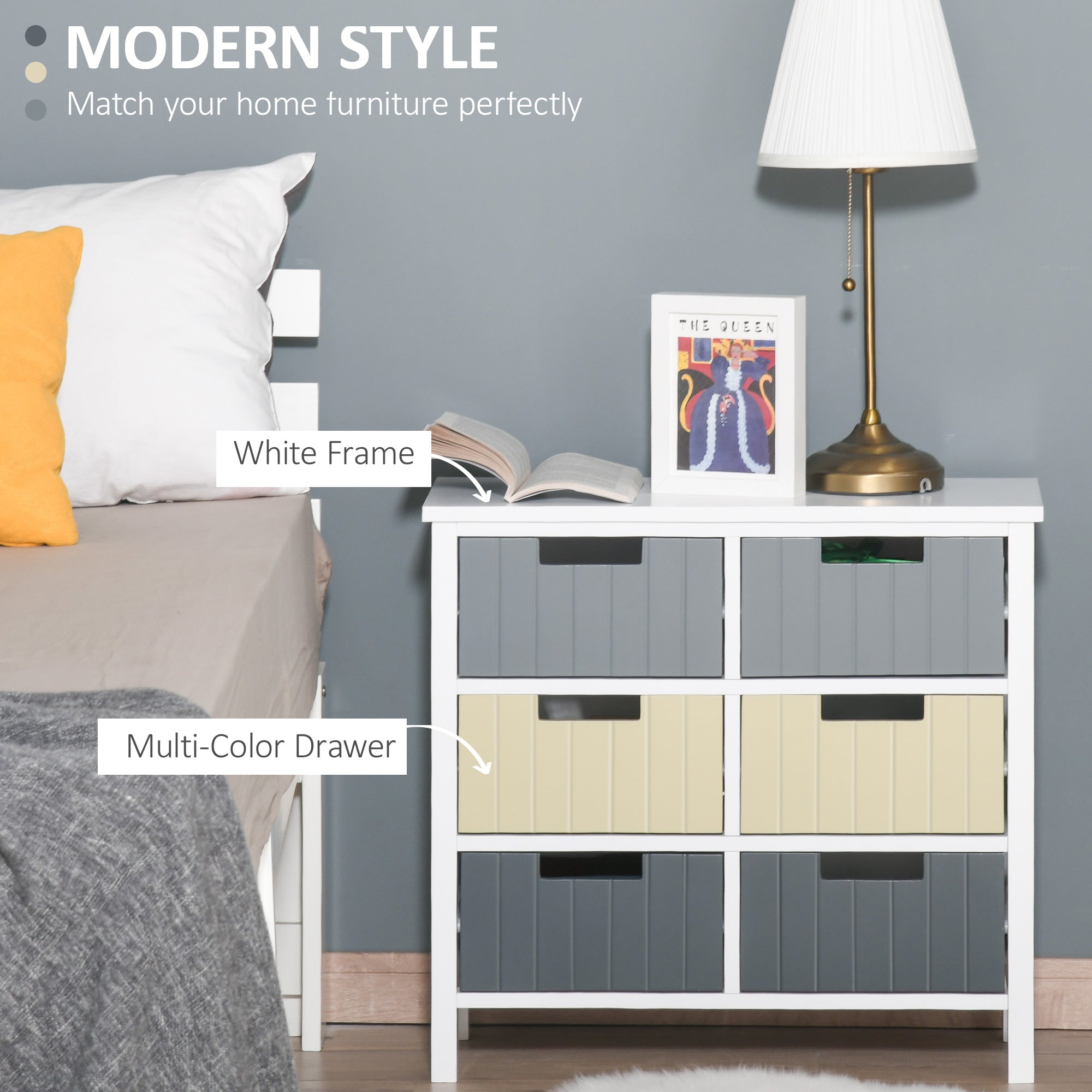 HOMCOM 6 Drawer Storage Tower, Dresser Chest with Wood Top, Organiser Unit for Closets Bedroom Nursery Room Hallway