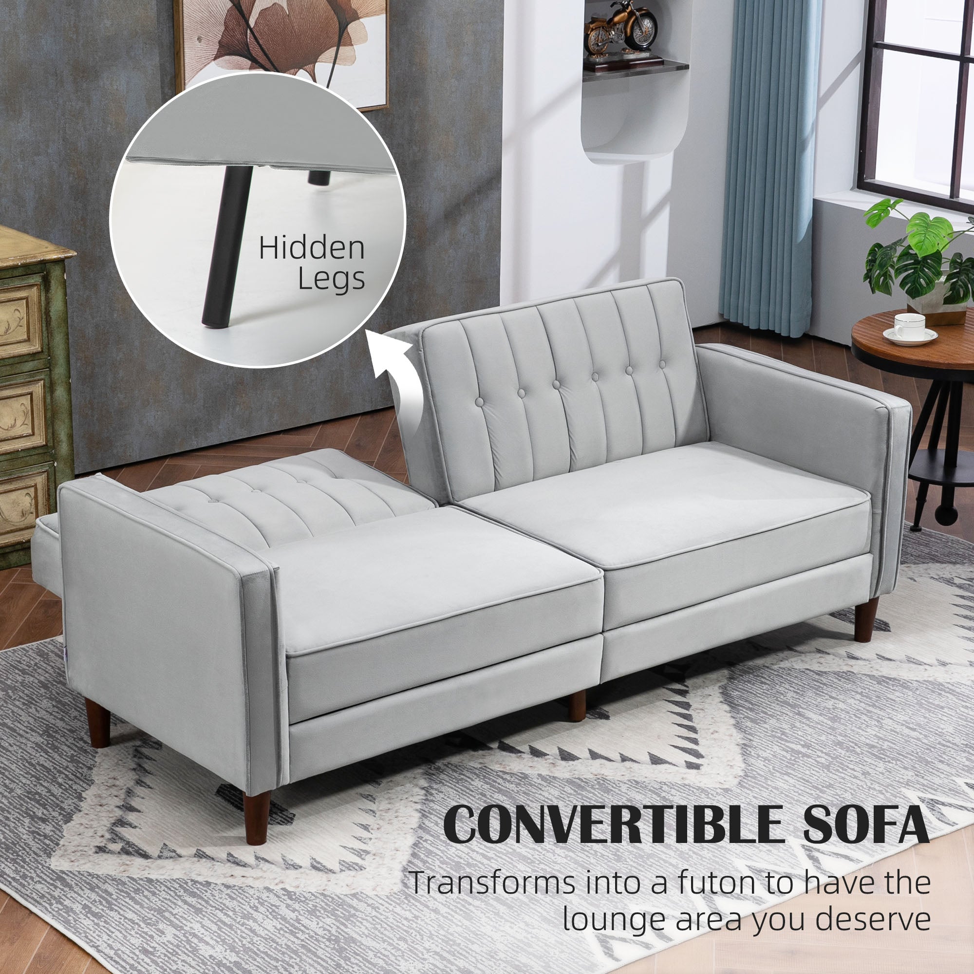 HOMCOM Modern Convertible Sofa Futon Velvet-Touch Tufted Couch with Adjustable Split Back, Light Grey