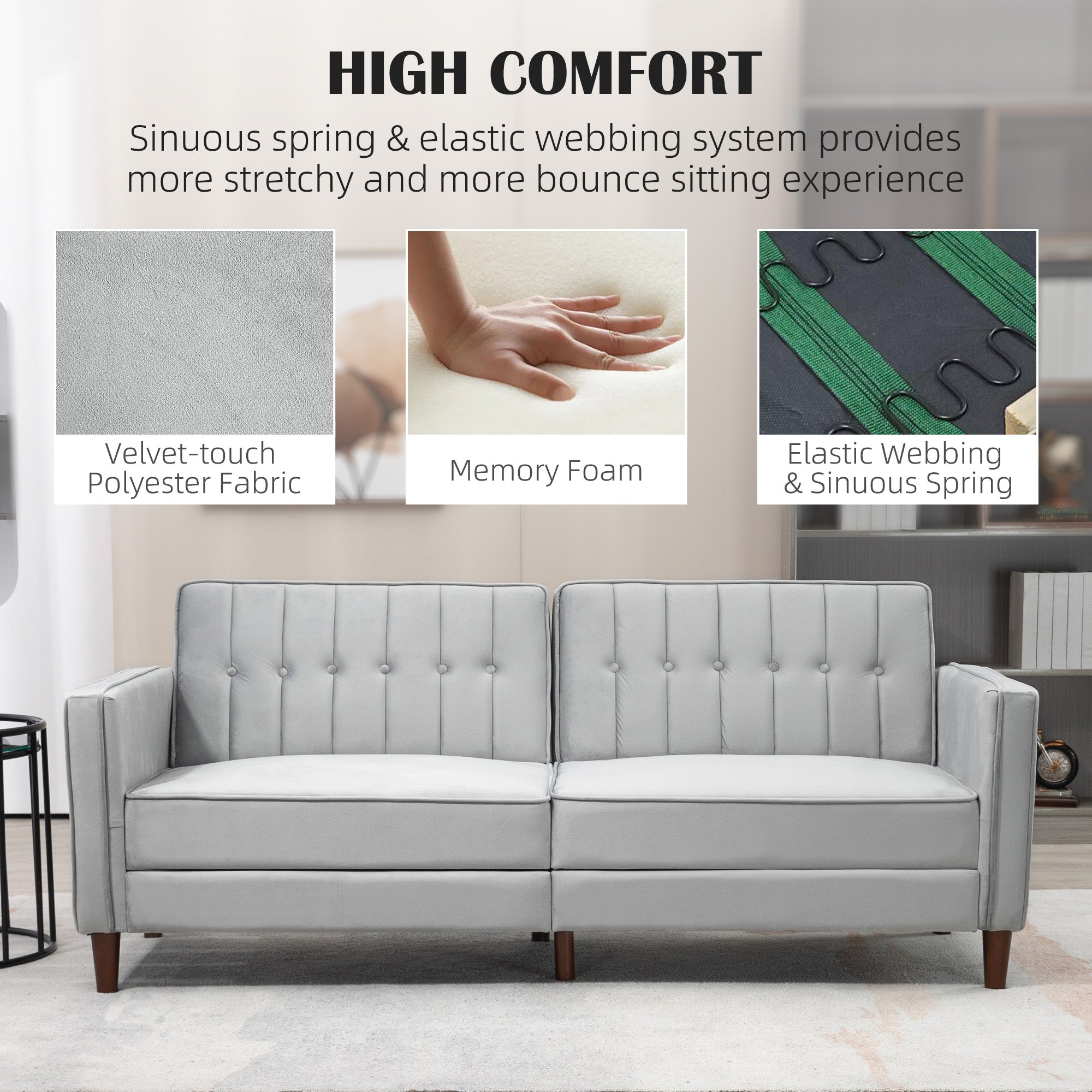 HOMCOM Modern Convertible Sofa Futon Velvet-Touch Tufted Couch with Adjustable Split Back, Light Grey