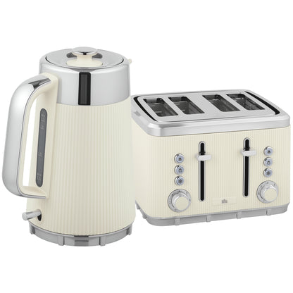Electric Stainless Steel Kettle and Toaster Set, 3000W 1.7L UK Strix Thermostat Fast Boil Kettle w/ Limescale Filter, Cool Touch Body, 4 Slice Toaster with 7 Browning Levels, Cream White