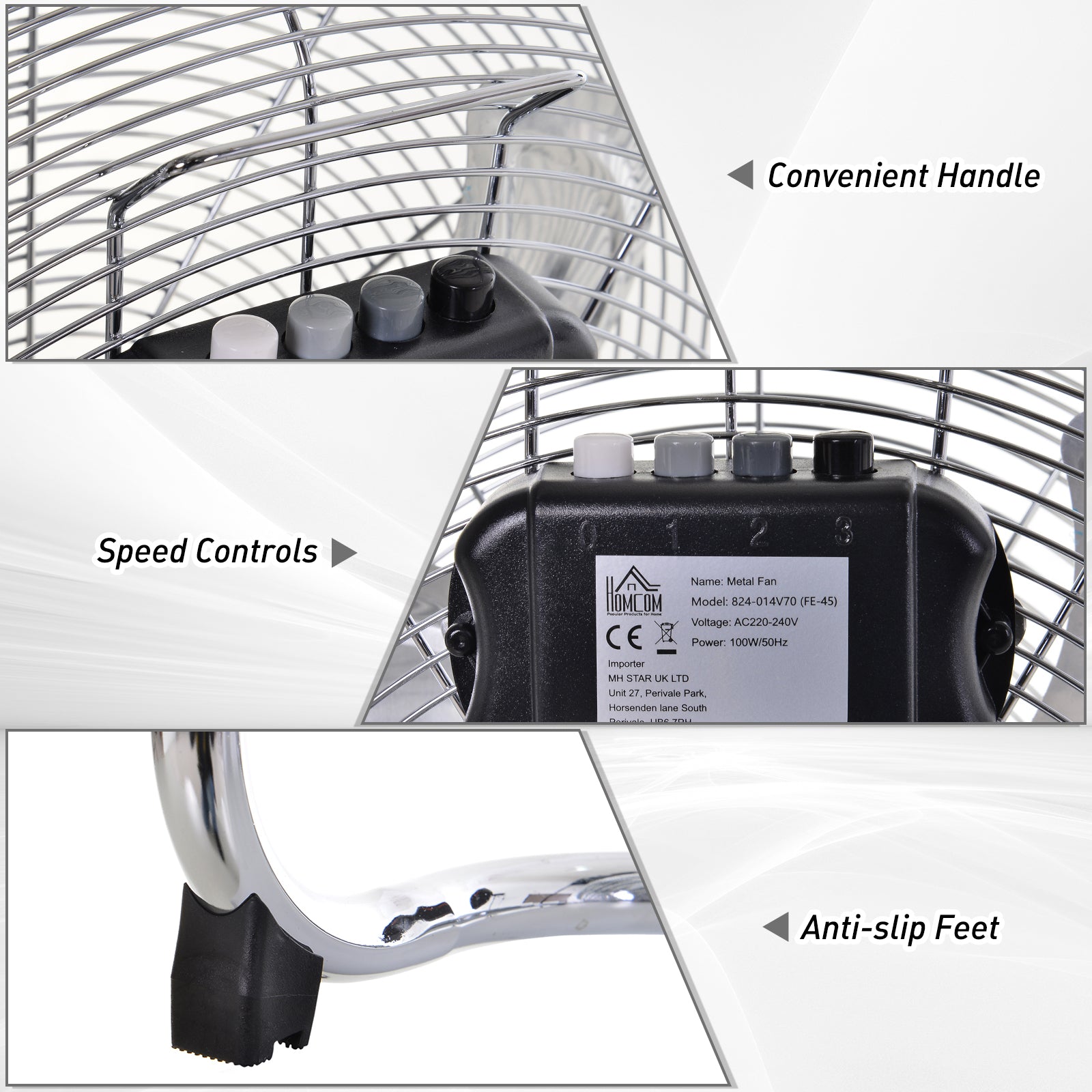 18" Chrome Metal Floor Fan with Tilting, High Velocity, 3 Speed, Portable Gym Fan for Home Office, Silver