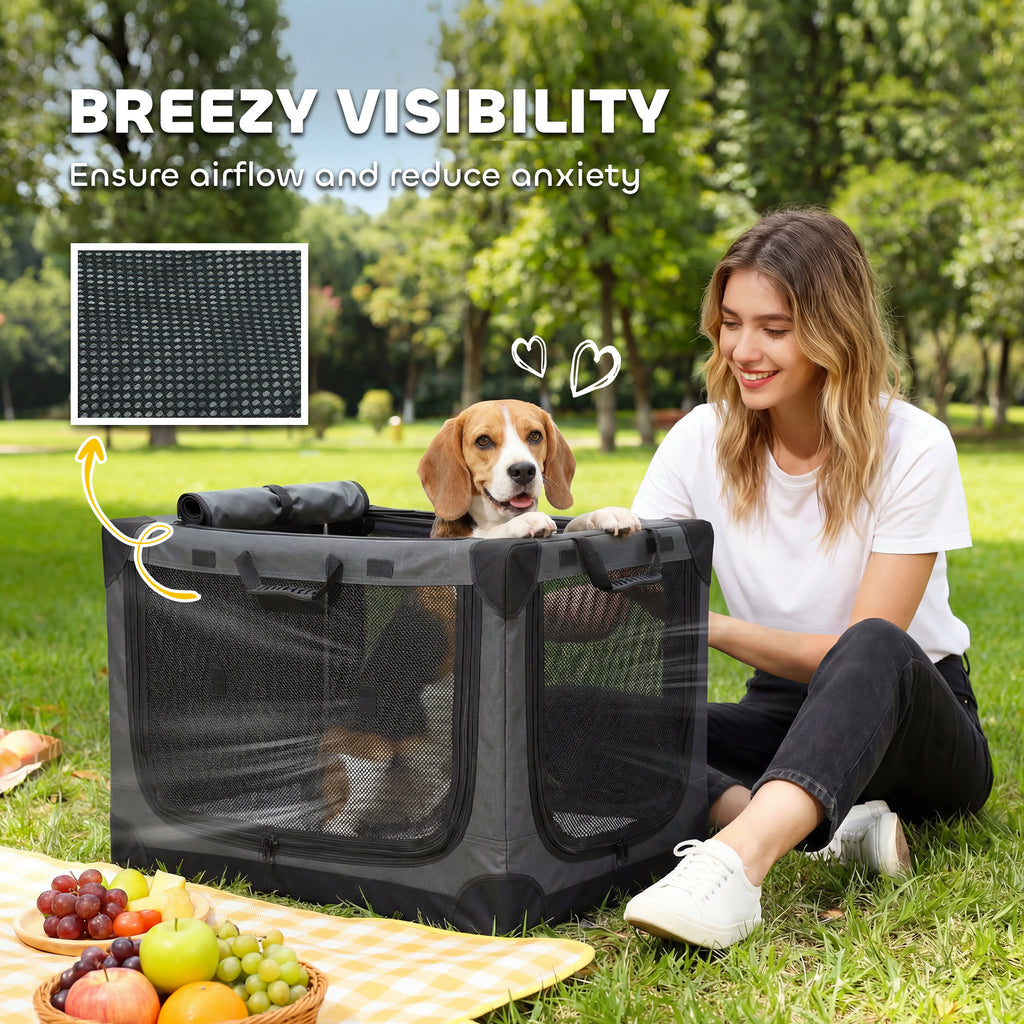 PawHut Soft Dog Crate Pet Travel Crate 76 x 54 x 54 cm with Removable Pad Mesh Window Army Green