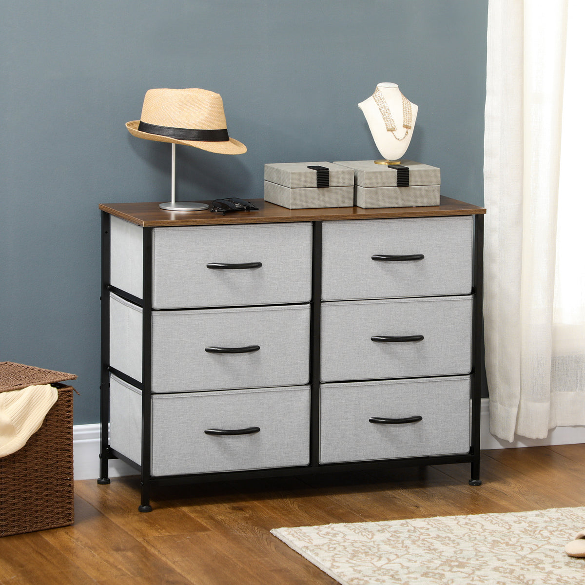 Fabric Chest of Drawers, Storage Drawers, Industrial Bedroom Dresser with 6 Fabric Drawers, Steel Frame and Wooden Top for Nursery, Living Room, Hallway, Grey