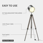 Floor Lamp with Adjustable Tripod for Living Room Bedroom, Vintage Spotlight Reading Lamp with Wood Legs, 115-155cm, Grey