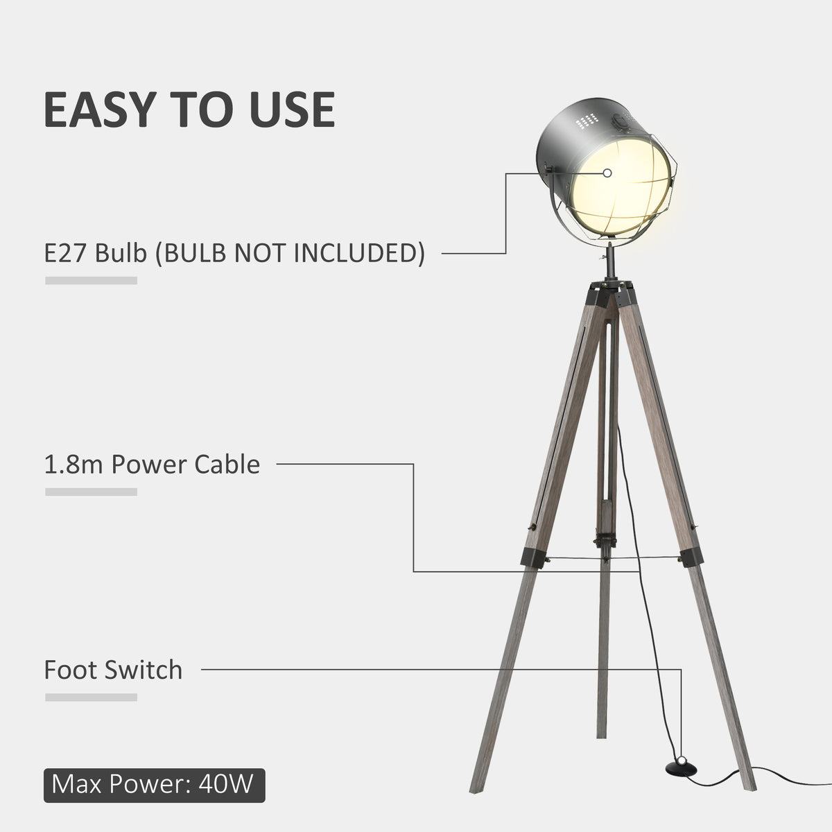 Floor Lamp with Adjustable Tripod for Living Room Bedroom, Vintage Spotlight Reading Lamp with Wood Legs, 115-155cm, Grey