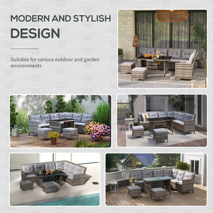 Outsunny 8 Seater Rattan Sofa Set, Rattan Garden Furniture Set with Tempered Glass Table & Thick Cushions, Grey