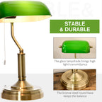 Banker's Table Lamps Set of 2, Desk Lamps with Antique Bronze Tone Base, Green Glass Shade and Pull Rope Switch for Home Office, Living Room, Bedroom, Dining Room, Green