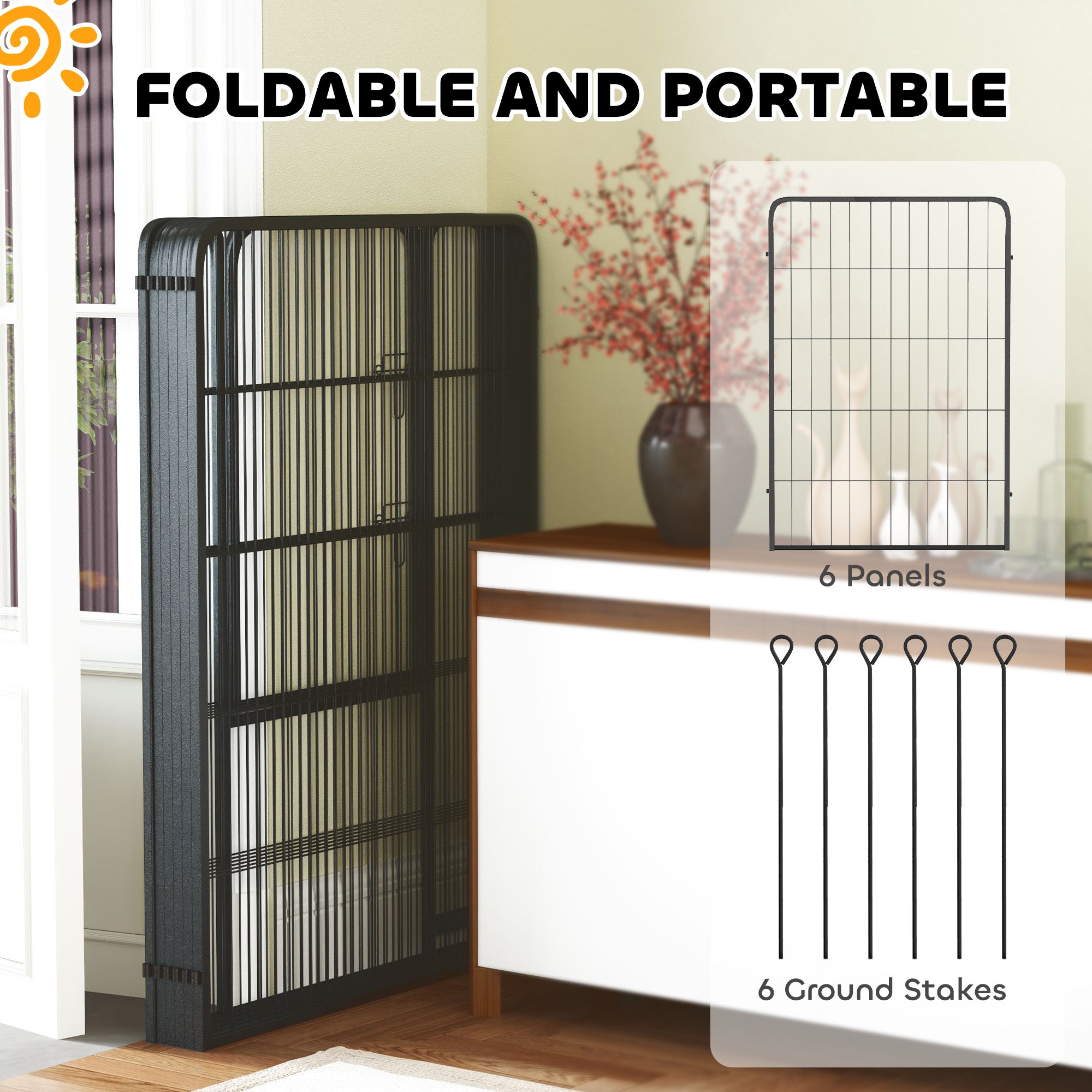 PawHut Six-Panel Dog Playpen with Door, for Large Dogs, Indoors, Outdoors, 100cm Tall, Black