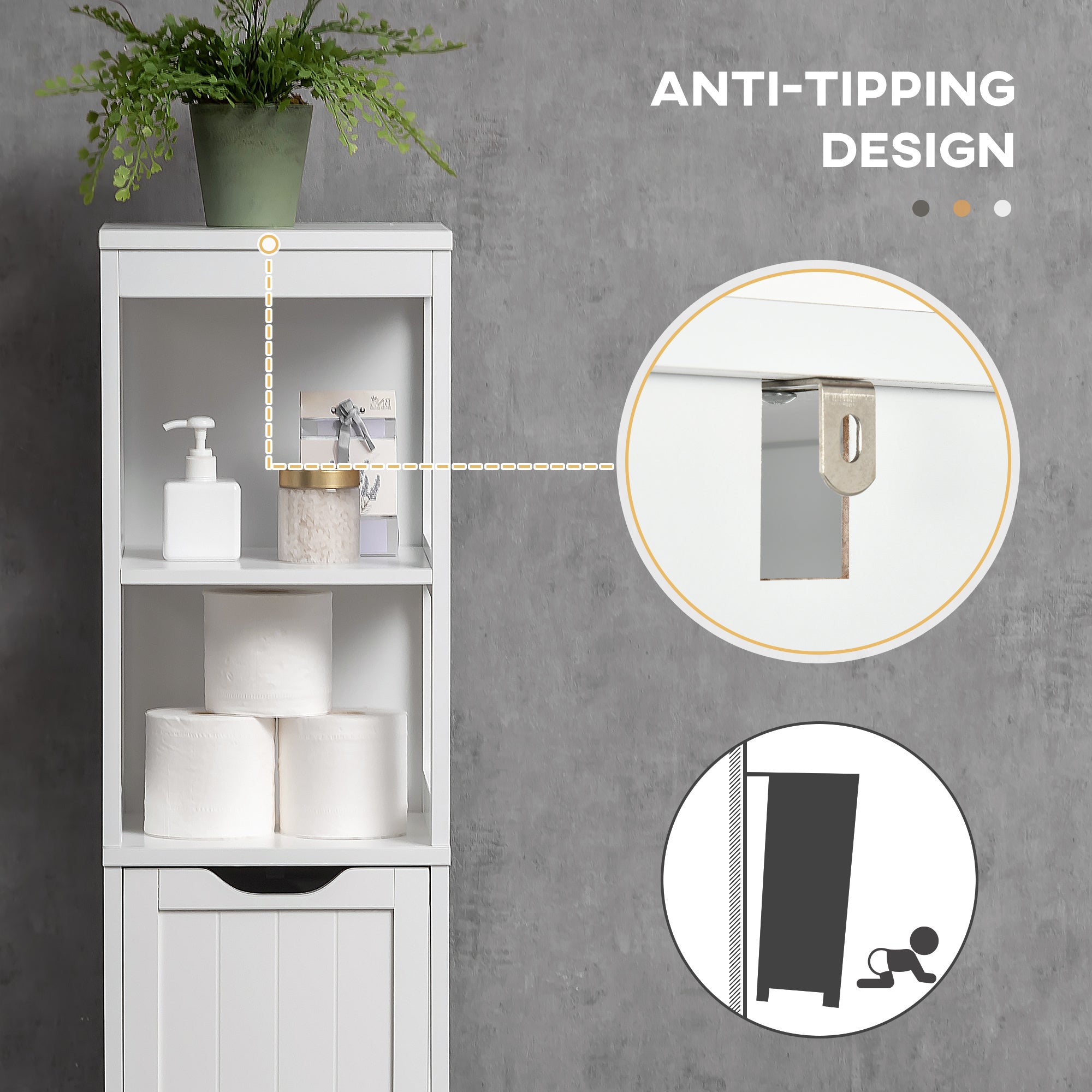 HOMCOM Narrow Floor Cabinet, Bathroom Cabinet with 3 Drawers and 2 Open Shelves, 30W x 30D x 141.6Hcm, White