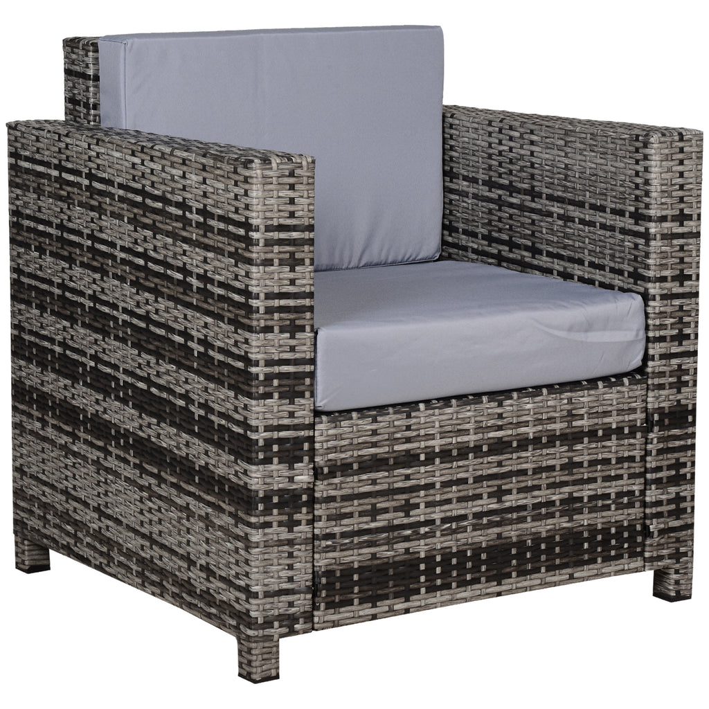 Outsunny Rattan Garden Armchair 10cm Cushion Outdoor Single Chair with Steel Frame, Grey