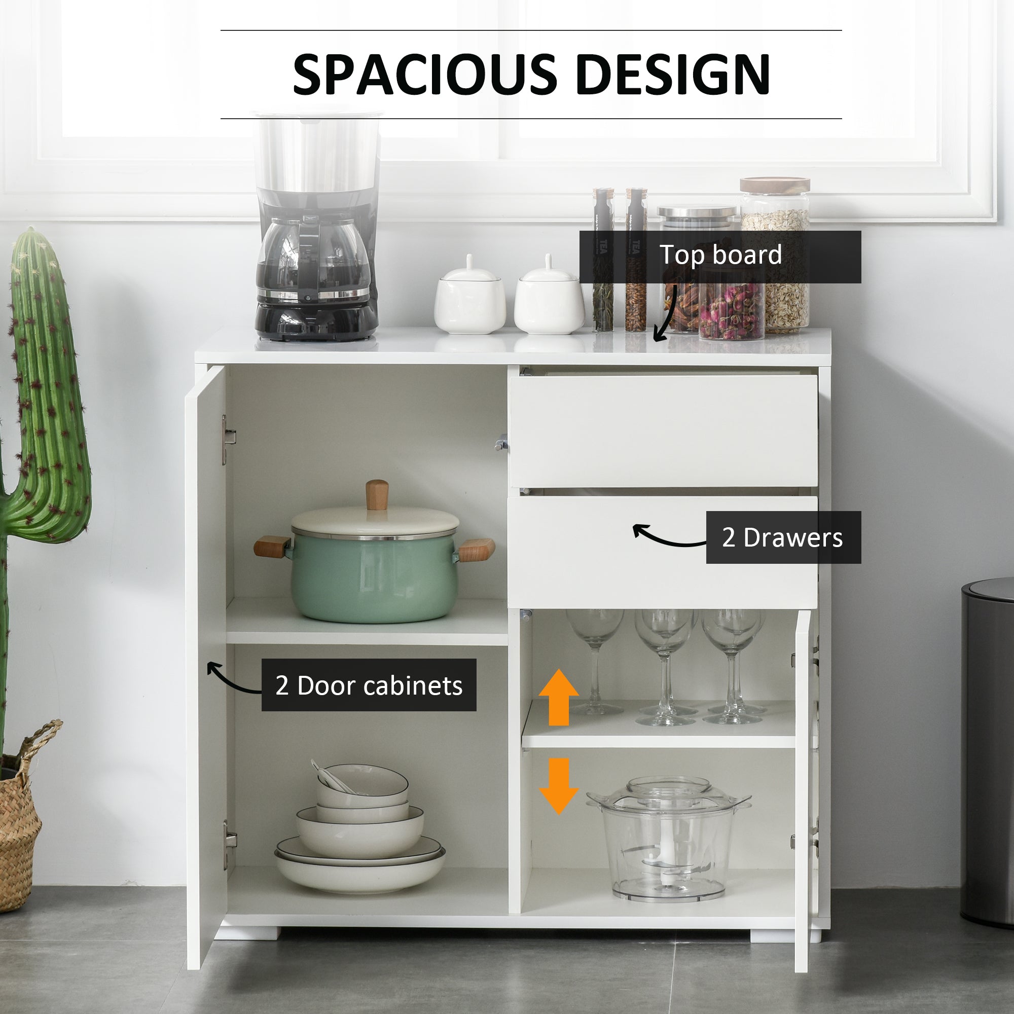 HOMCOM High Gloss Frame Sideboard, Push-Open Design with 2 Drawer for Living Room, Bedroom, 74H x 79W x 36Dcm, White