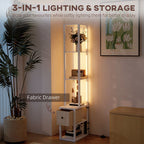 Floor Lamp with Shelves, LED Column Modern Standing Lamp with Fabric Drawer, Adjustable Brightness, Foot Switch for Living Room, Bedroom, Office, White