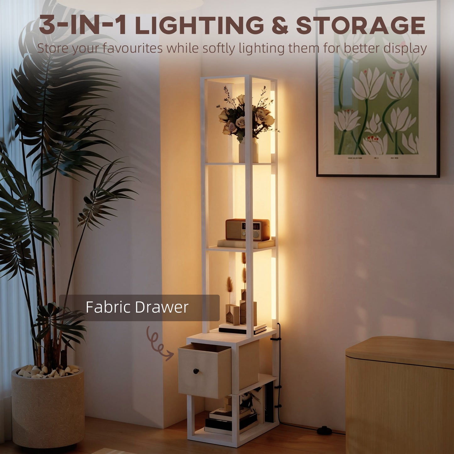 Floor Lamp with Shelves, LED Column Modern Standing Lamp with Fabric Drawer, Adjustable Brightness, Foot Switch for Living Room, Bedroom, Office, White