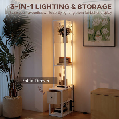 Floor Lamp with Shelves, LED Column Modern Standing Lamp with Fabric Drawer, Adjustable Brightness, Foot Switch for Living Room, Bedroom, Office, White
