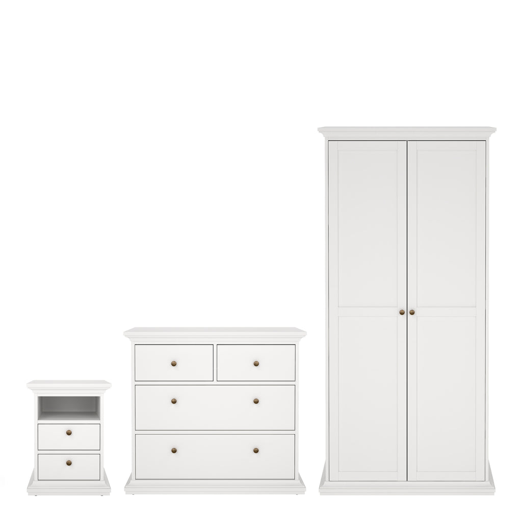 Primrose Bedroom Package - Bedside 2 Drawers + Chest of 4 Drawers + Wardrobe with 2 Doors White