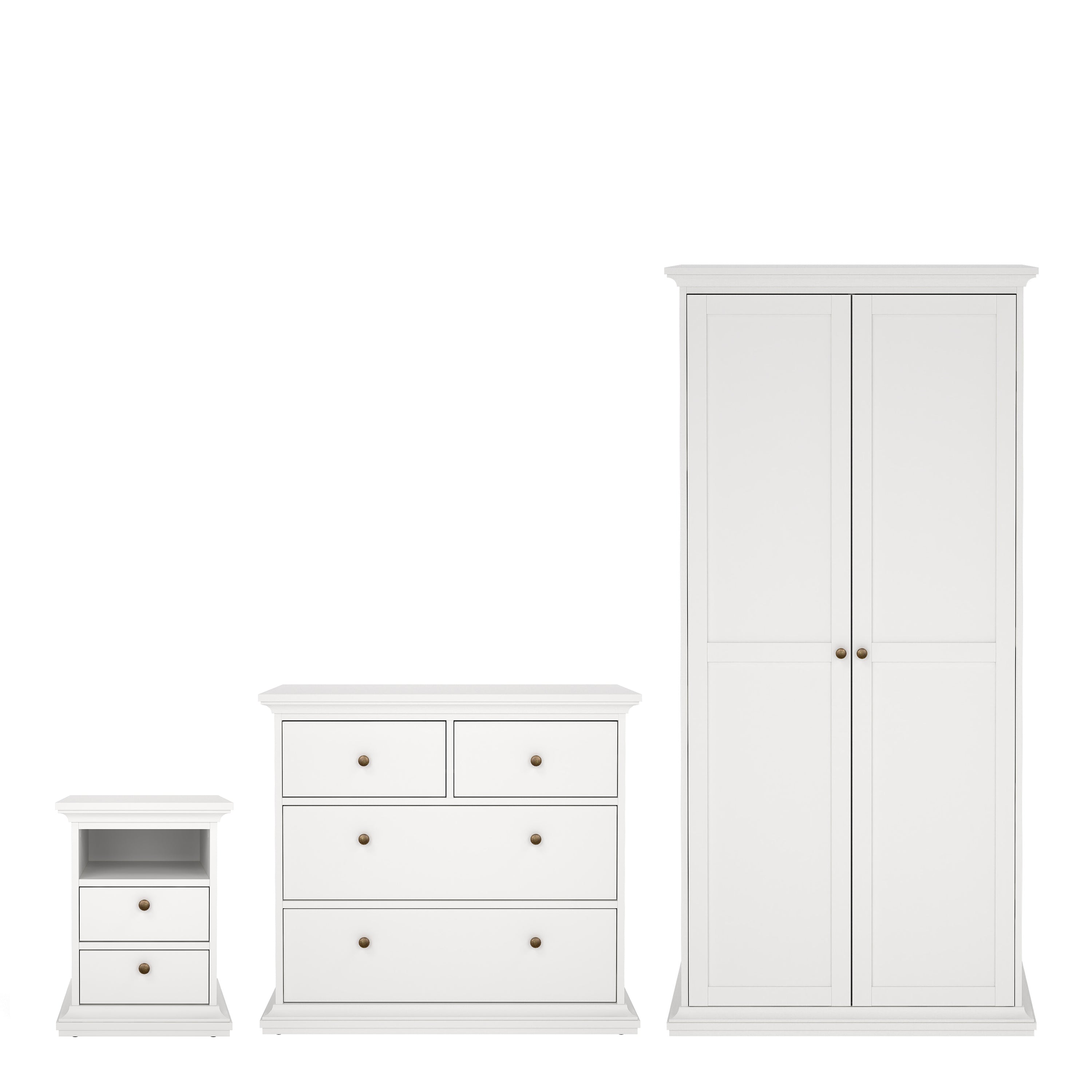 Primrose Bedroom Package - Bedside 2 Drawers + Chest of 4 Drawers + Wardrobe with 2 Doors White