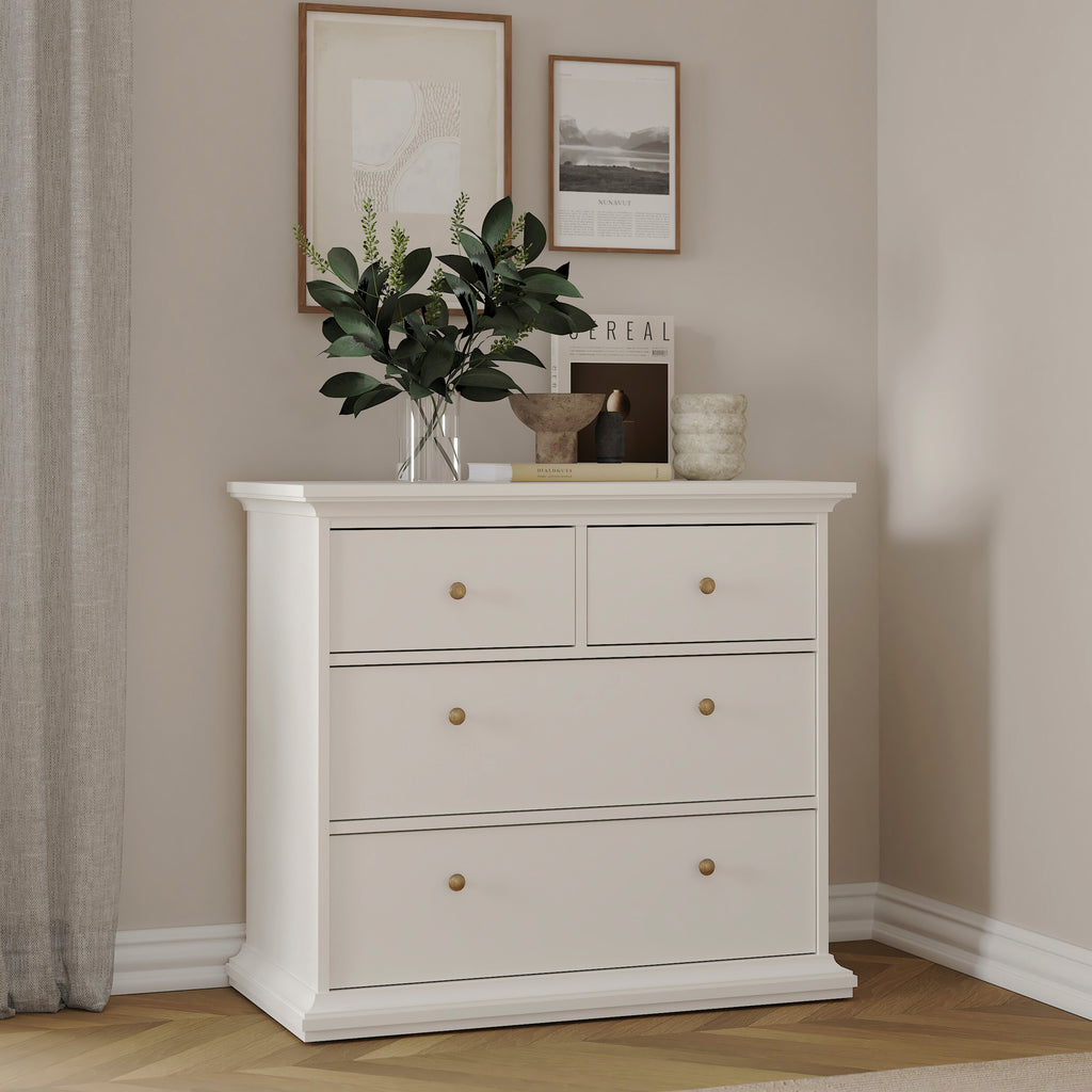 Primrose Bedroom Package - Bedside 2 Drawers + Chest of 4 Drawers + Wardrobe with 2 Doors White
