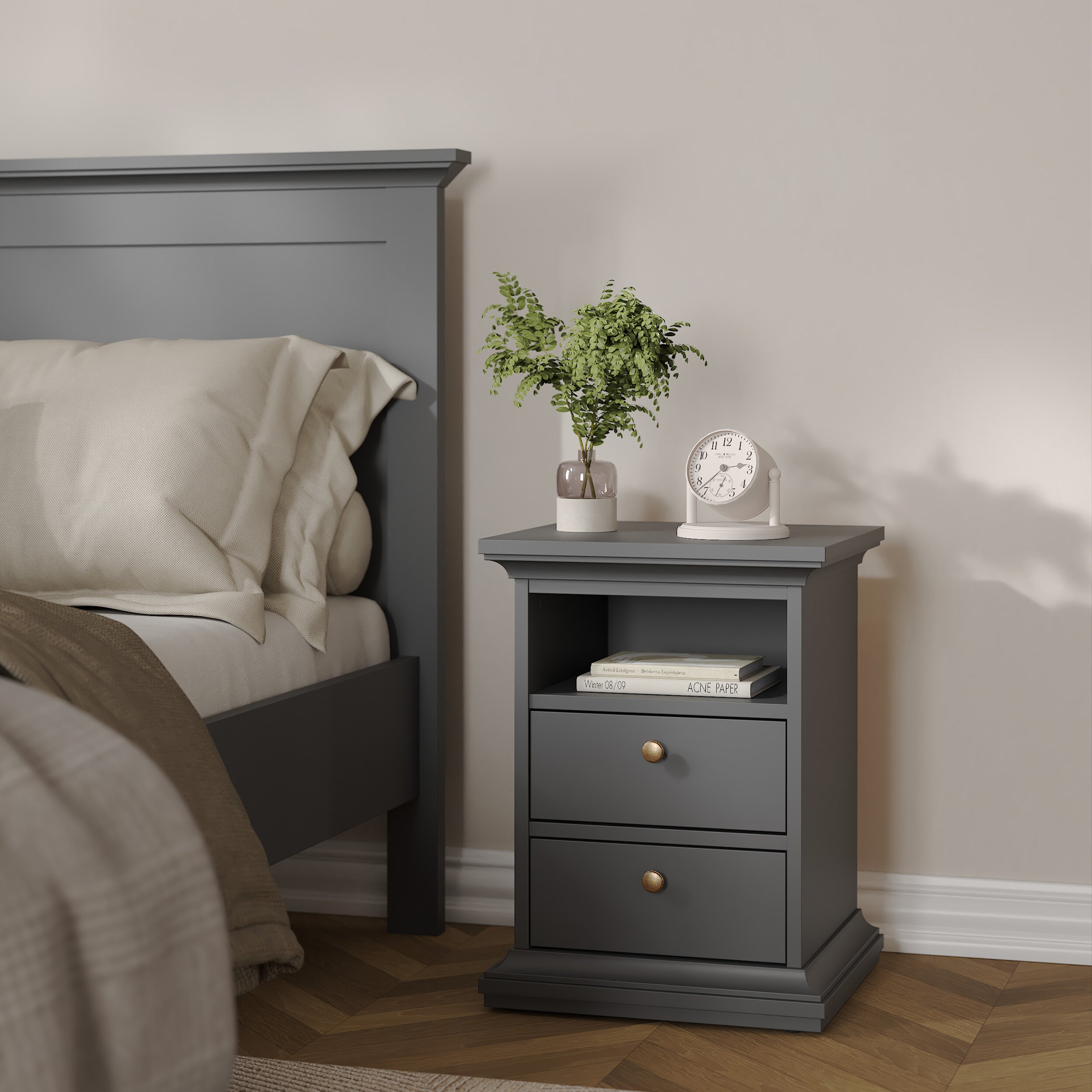 Primrose Bedside 2 Drawers in Matt Grey