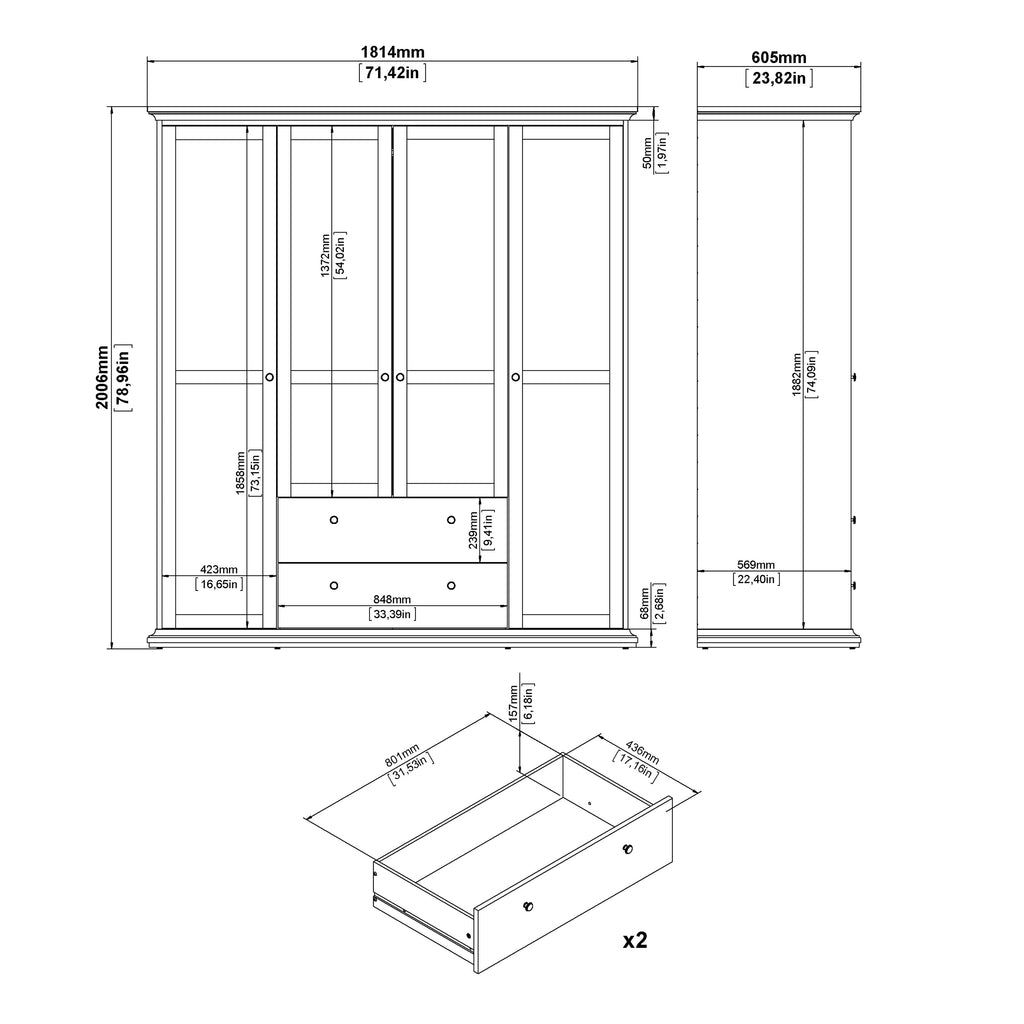 Primrose Wardrobe with 4 Doors and 2 Drawers in White