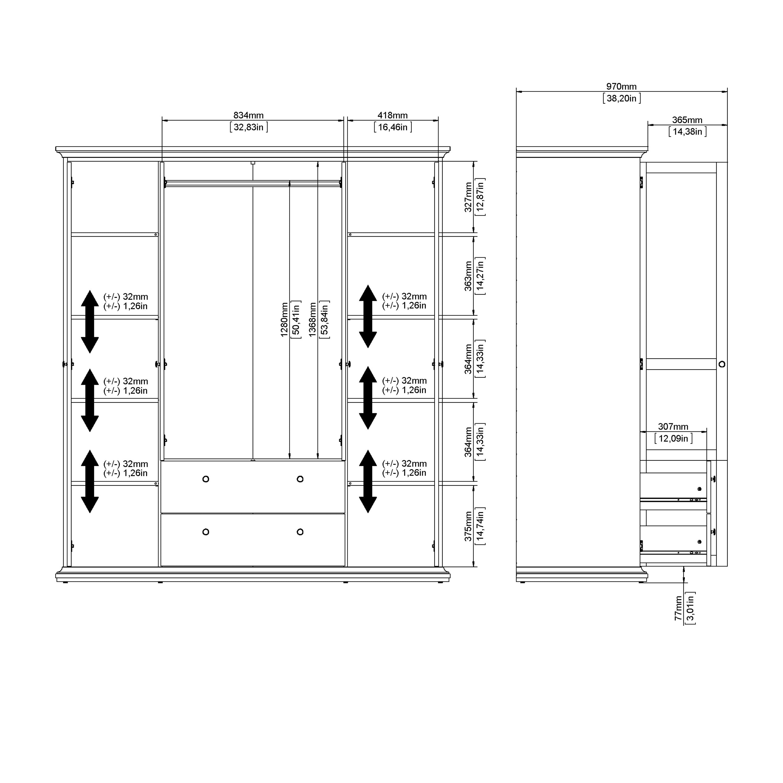 Primrose Wardrobe with 4 Doors and 2 Drawers in Matt Grey