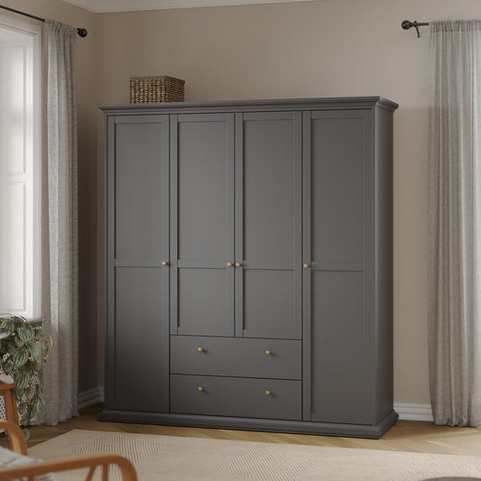 Primrose Wardrobe with 4 Doors and 2 Drawers in Matt Grey