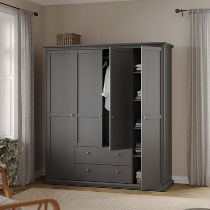 Primrose Wardrobe with 4 Doors and 2 Drawers in Matt Grey