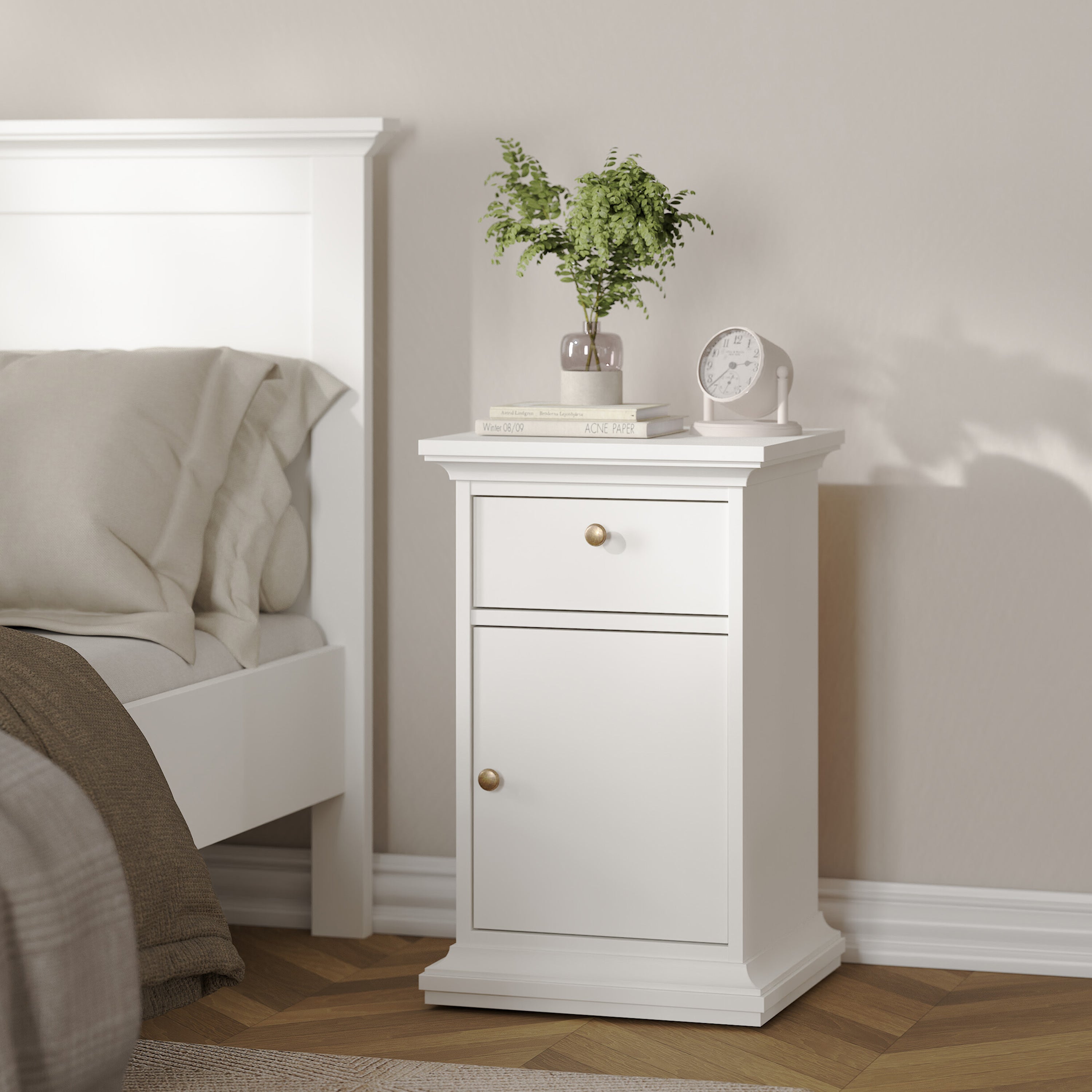 Primrose Bedside - 1 Door + 1 Drawer in White