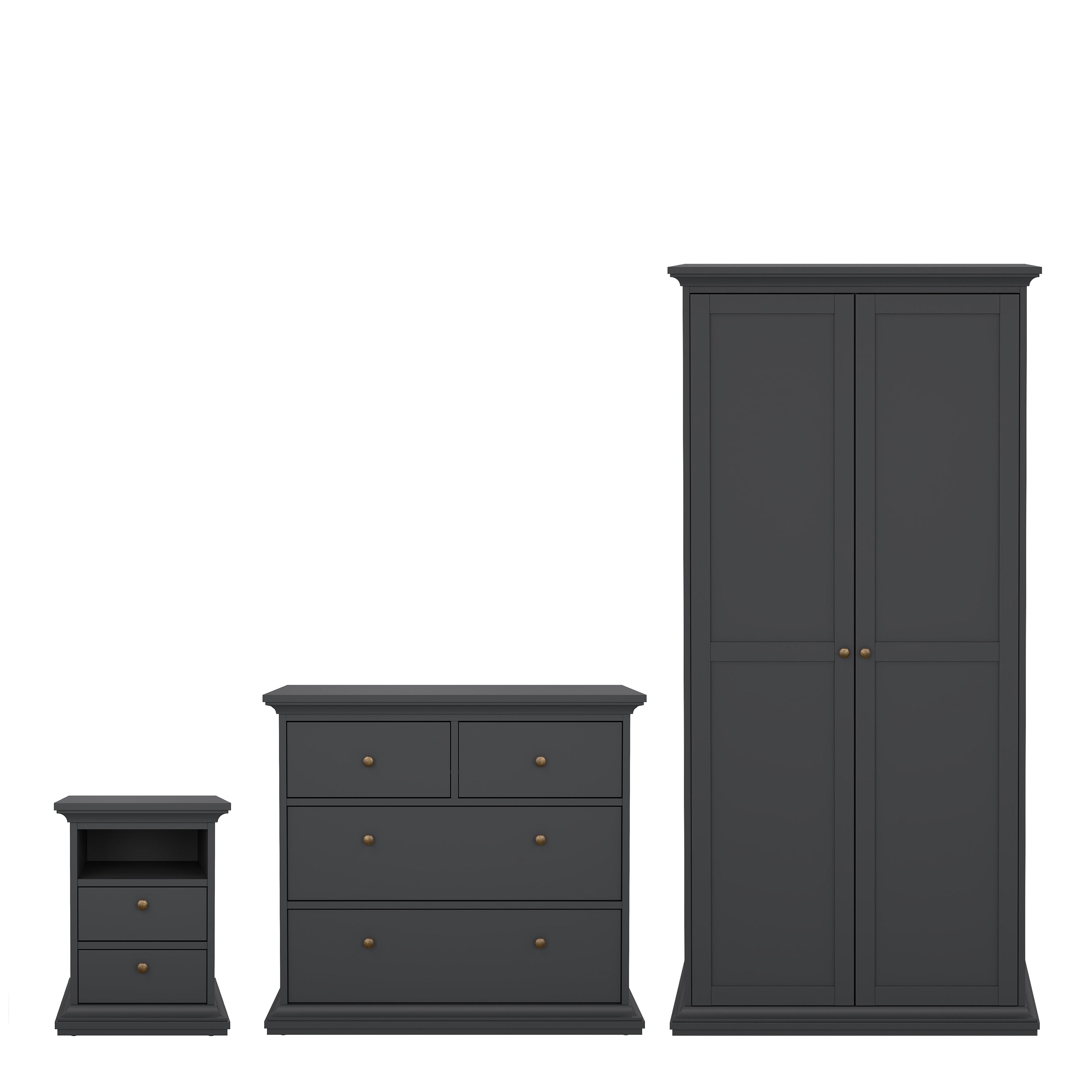 Primrose Bedroom Package - Bedside 2 Drawers + Chest of 4 Drawers + Wardrobe with 2 Doors Matt Grey
