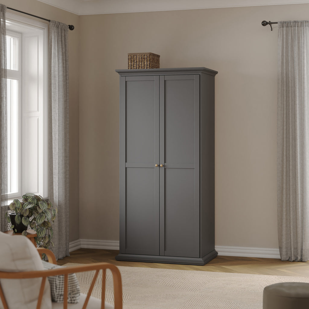 Primrose Bedroom Package - Bedside 2 Drawers + Chest of 4 Drawers + Wardrobe with 2 Doors Matt Grey
