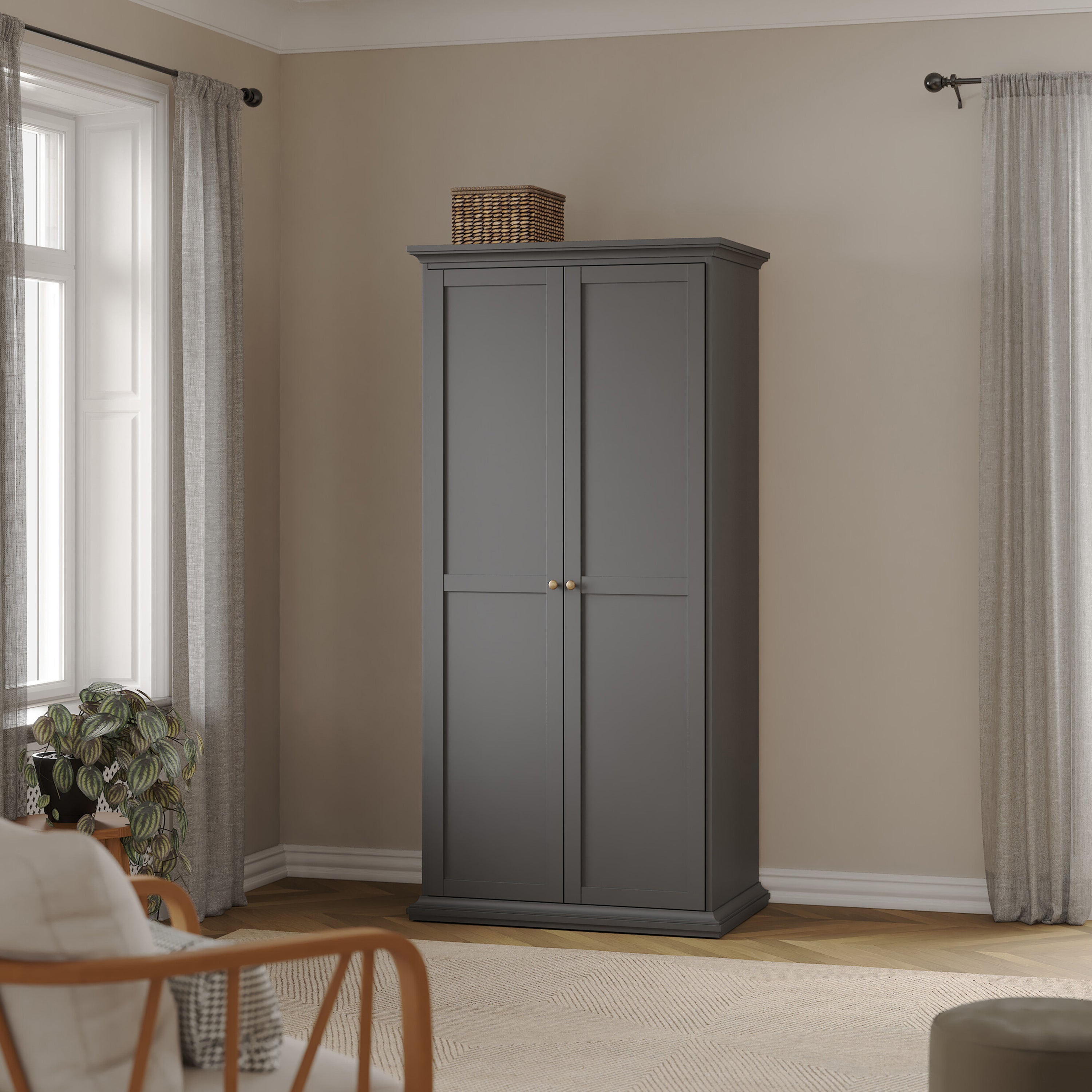 Primrose Bedroom Package - Bedside 2 Drawers + Chest of 4 Drawers + Wardrobe with 2 Doors Matt Grey
