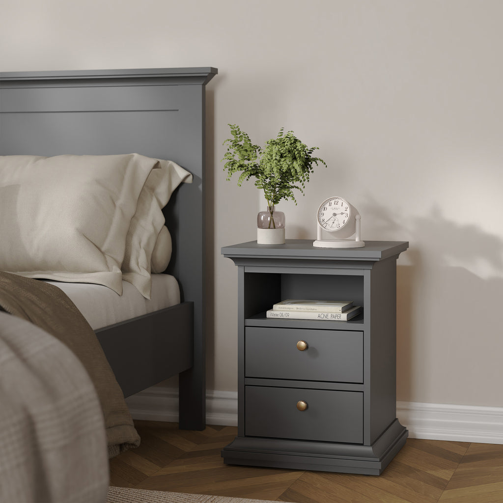 Primrose Bedroom Package - Bedside 2 Drawers + Chest of 4 Drawers + Wardrobe with 2 Doors Matt Grey