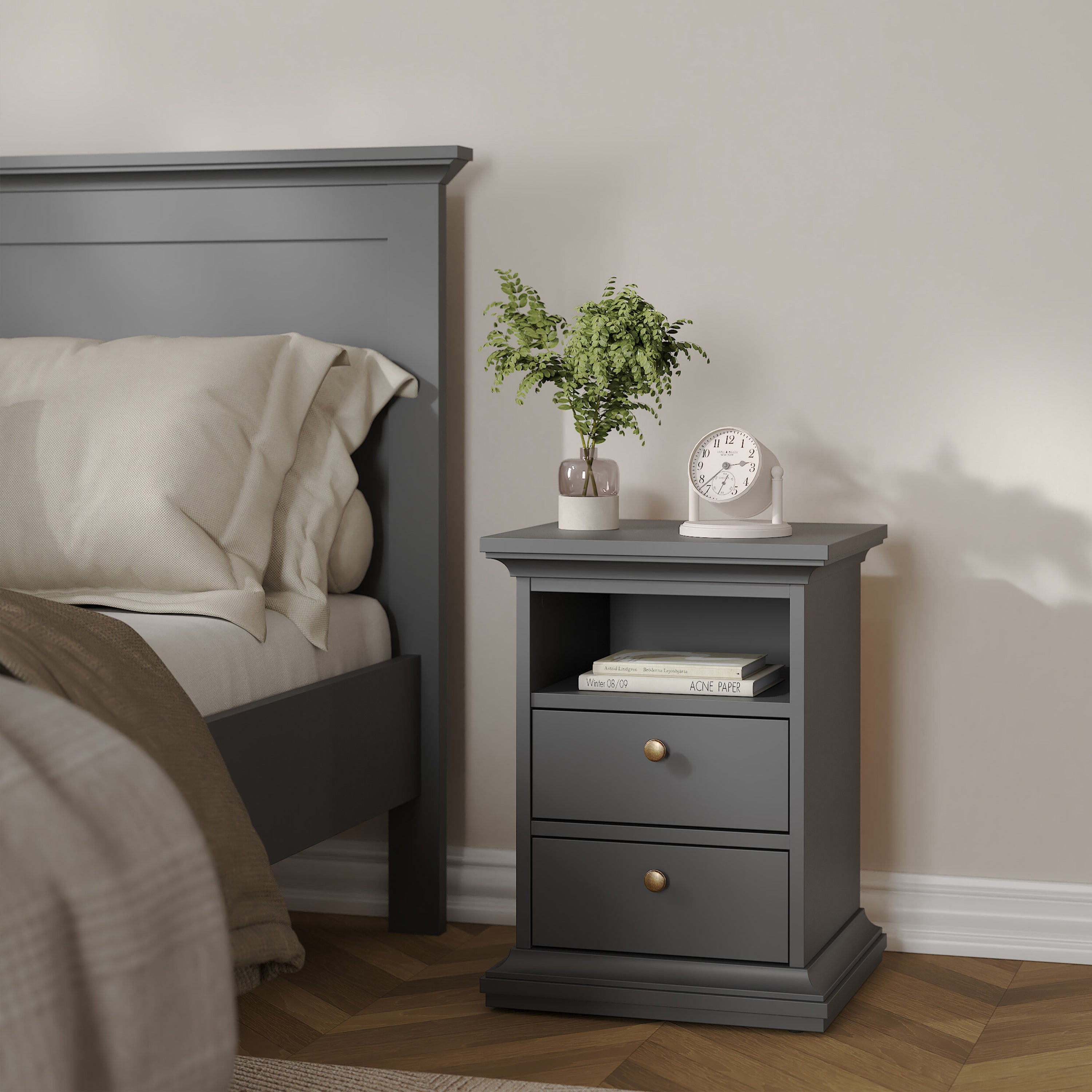 Primrose Bedroom Package - Bedside 2 Drawers + Chest of 4 Drawers + Wardrobe with 2 Doors Matt Grey