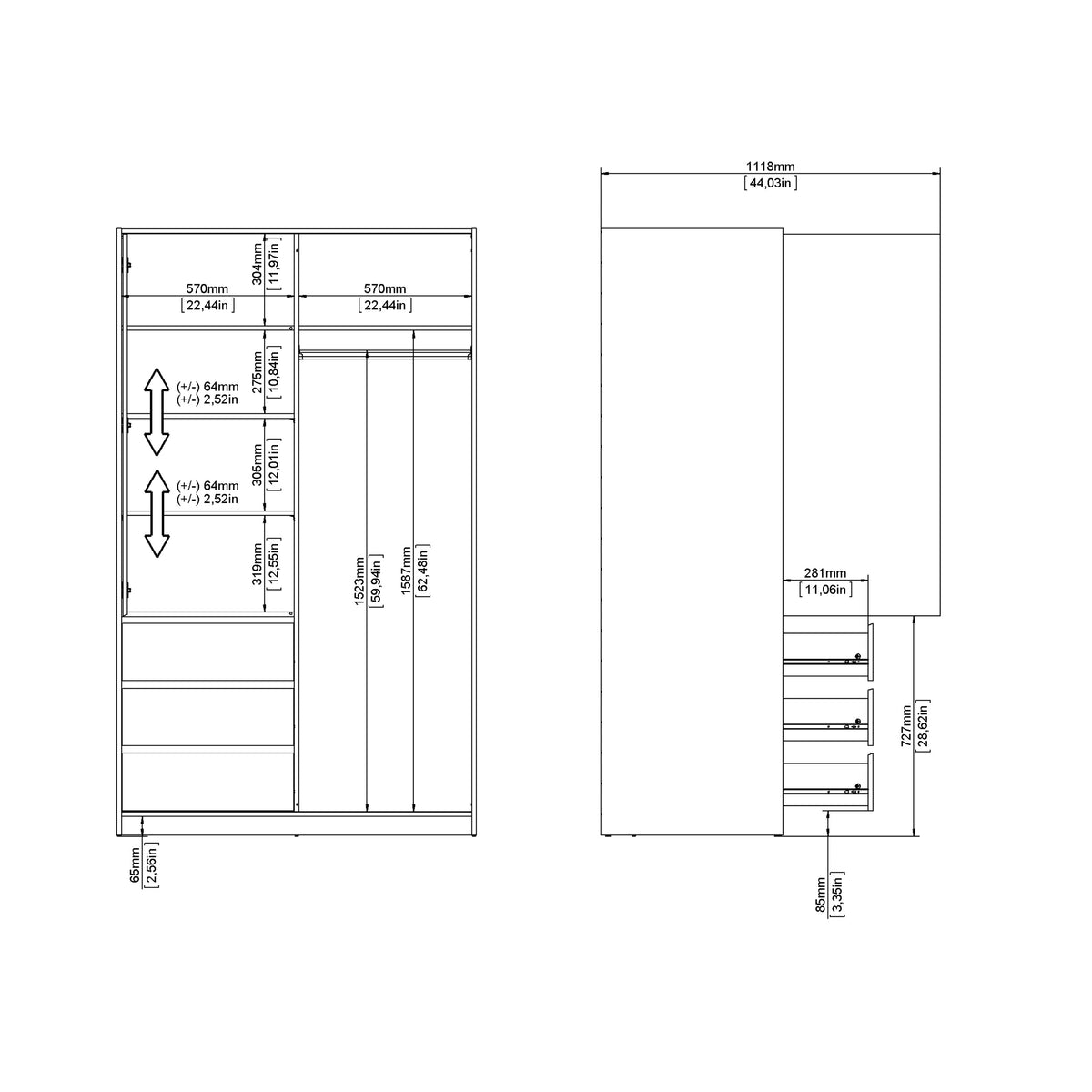 Naia Wardrobe with 1 Sliding Door 1 Door 3 Drawers in White High Gloss