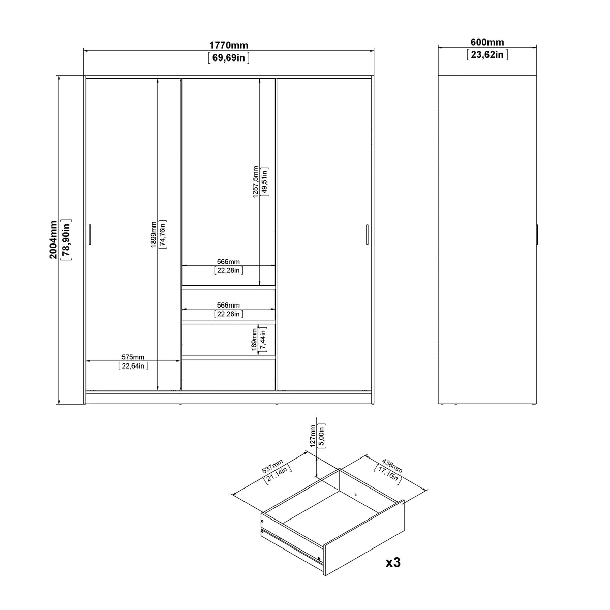 Naia Wardrobe with 2 Sliding Doors 1 Door 3 Drawers in White High Gloss