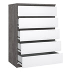 Naia Chest of 5 Drawers in Concrete and White High Gloss