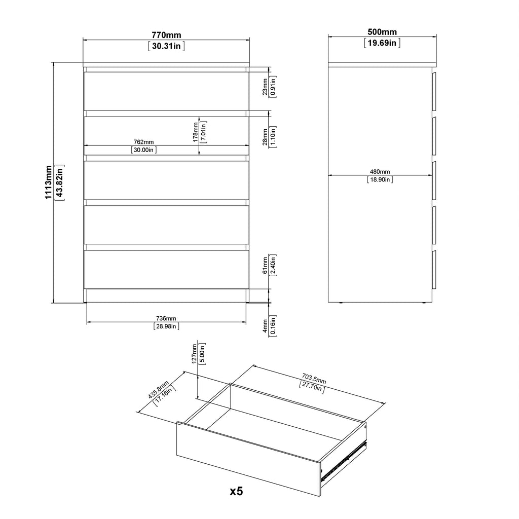 Naia Chest of 5 Drawers in Concrete and White High Gloss