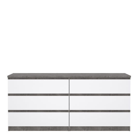 Naia Wide Chest of 6 Drawers (3+3) in Concrete and White High Gloss