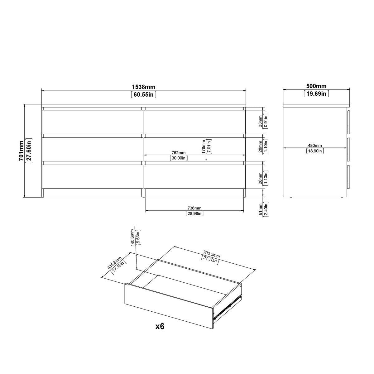 Naia Wide Chest of 6 Drawers (3+3) in Concrete and White High Gloss