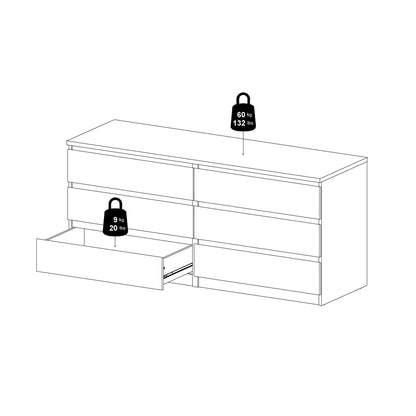 Naia Wide Chest of 6 Drawers (3+3) in White High Gloss