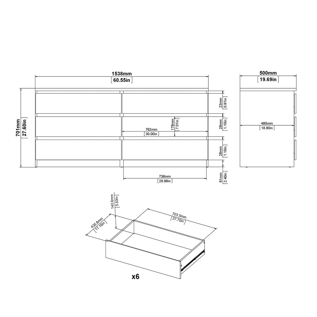 Naia Wide Chest of 6 Drawers (3+3) in White High Gloss
