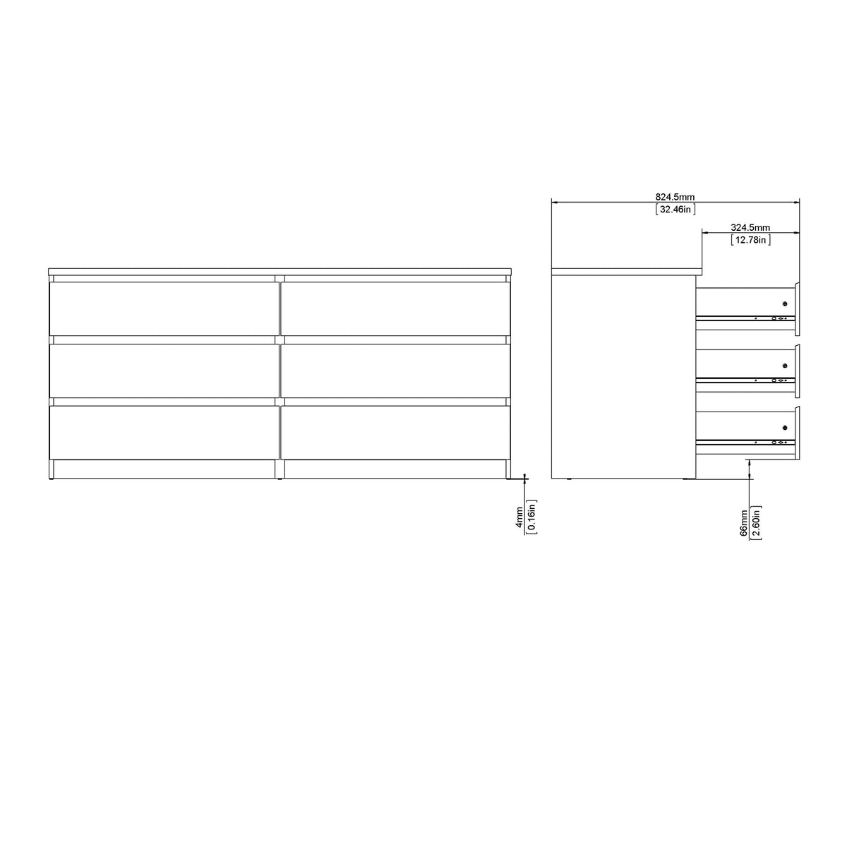 Naia Wide Chest of 6 Drawers (3+3) in White High Gloss